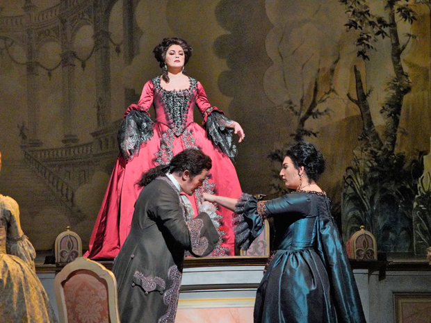 Anna Netrebko looks on jealously at Piotr Beczała kissing Anita Rachvelishvili&#39;s hand in Adriana Lecouvreur.