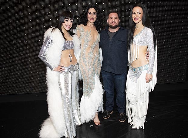 The Cher Show&#39;s Chers share a photo with Chazo Bono.