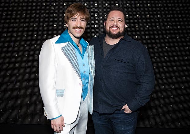 Jarrod Spector and Chaz Bono meet after the January 5 performance of The Cher Show.