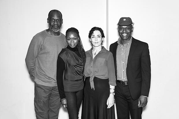 Director Yaël Farber (second from right) begins rehearsals with the cast of Boesman and Lena, Thomas Silcott, Zainab Jah, and Sahr Ngaujah.