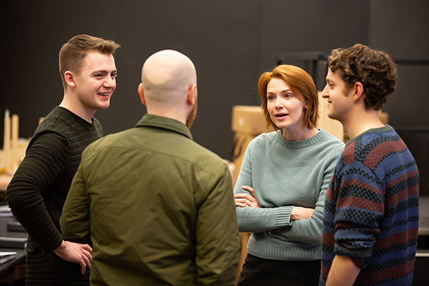 Jack DiFalco, Benjamin Endsley Klein, Holley Fain, and Ethan Dubin have a discussion on the first day of The Ferryman rehearsals.