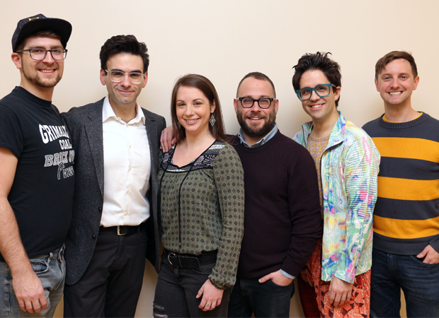 The Be More Chill creative team: orchestrator Charlie Rosen, composer-lyricist Joe Icons, musical director Emily Marshall, director Stephen Brackett, choreographer Chase Brock, and book writer Joe Tracz.