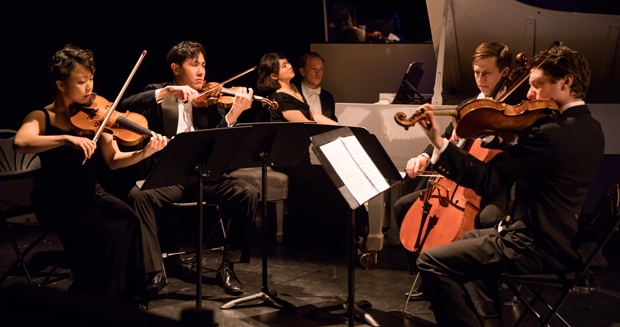 Mari Lee and Henry Wang on violins, Zhenni Li on piano (with page turner Miles Mandwelle), Ari Evan on cello, and Matthew Cohen on viola in Maestro.