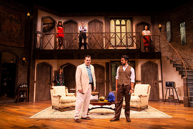 Jason O'Connell and Gopal Divan stand center stage in Sarna Lapine&#39;s Two River Theater production of Noises Off.