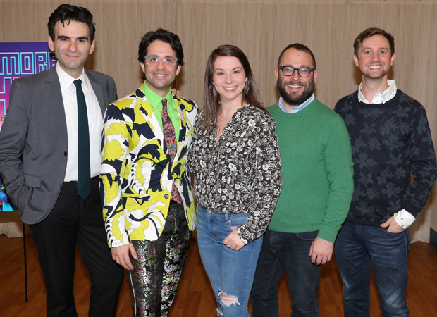 The Be More Chill creative team: songwriter Joe Iconis, choreographer Chase Brock, musical director Emily Marshall, director Stephen Brackett, and book writer Joe Tracz.