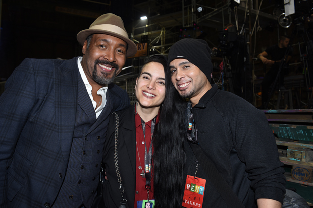 Original Broadway Rent cast members Jesse L. Martin (left) and Wilson Jermaine Heredia (right) with choreographer Sonya Tayeh (center) behind the scenes of Fox&#39;s live Rent broadcast.