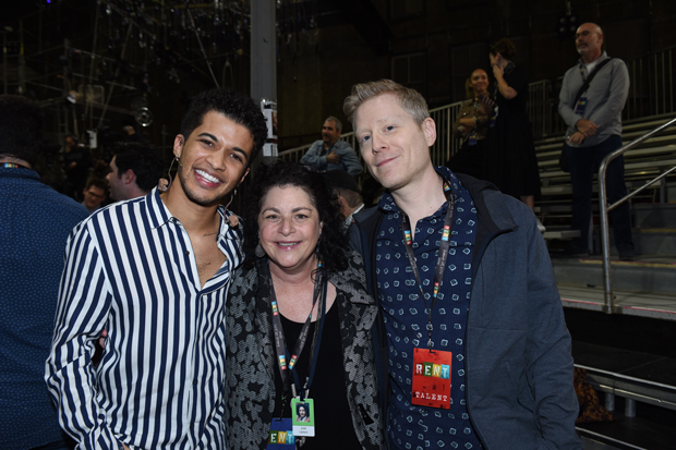 Jordan Fisher (left), Fox&#39;s Mark Cohen, stands with Anthony Rapp, Broadway&#39;s original Mark, and Julie Larson, executive producer of Fox&#39;s live Rent telecast.