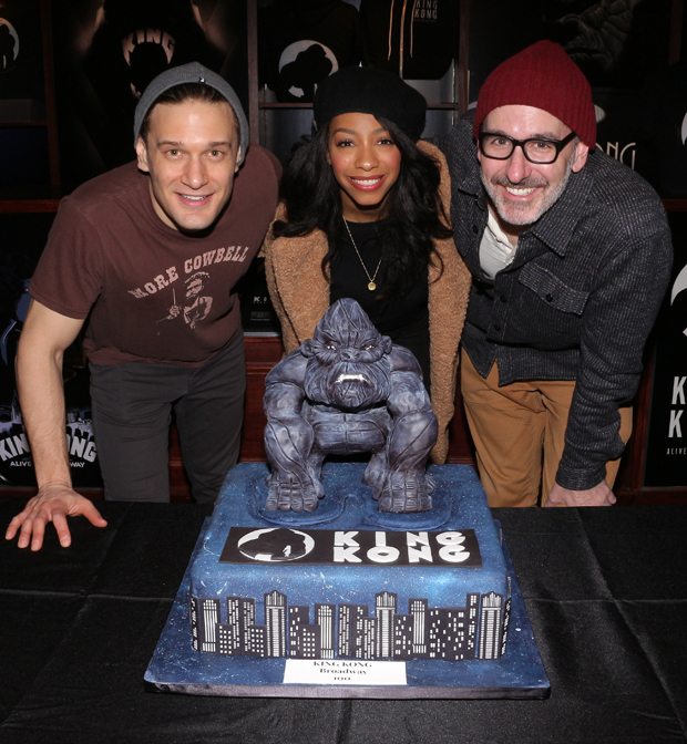King Kong stars Eric William Morris, Christiani Pitts, and Erik Lochtefeld with their celebratory cake.