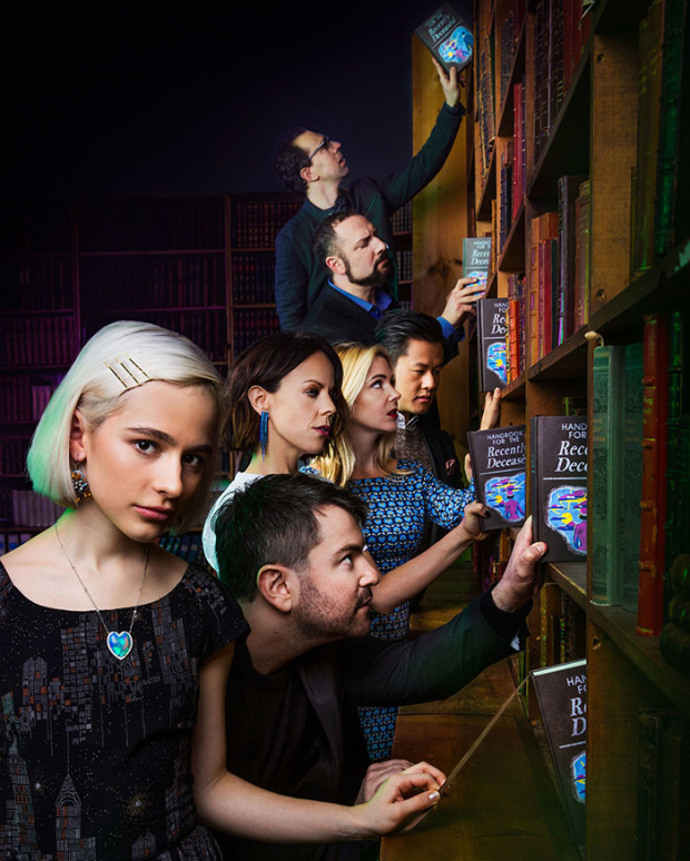 Sophia Anne Caruso, Alex Brightman, Leslie Kritzer, Kerry Butler, Kelvin Moon Loh, Adam Dannheisser, and Rob McClure in a Beetlejuice promotional photo, taken at the Strand.
