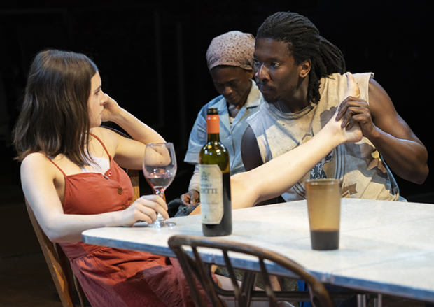 Elise Kibler, Patrice Johnson Chevannes, and James Udom in a scene from Mies Julie, adapted by Yaël Farber and directed by Shariffa Ali.