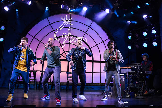 Chris Sullivan, Christopher Jackson, Anthony Veneziale, Utkarsh Ambudkar, and Arthur Lewis star in Freestyle Love Supreme, directed by Thomas Kail, at Greenwich House Theater.