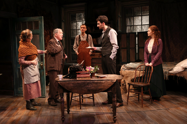 Úna Clancy as Mrs. Henderson, Robert Langdon Lloyd as Mr. Gallagher, Ed Malone as Tommy Owens, James Russell as Donal Davoren, and Meg Hennessy as Minnie Powell in The Shadow of a Gunman.