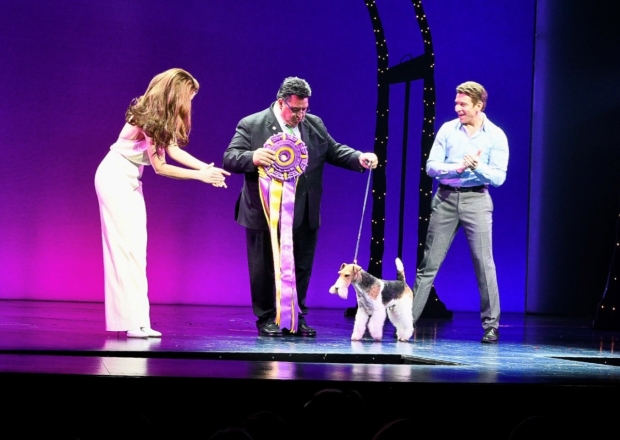Anna Eilinsfeld, Gabriel Rangel, King, and Andy Karl on stage at the Nederlander Theatre.