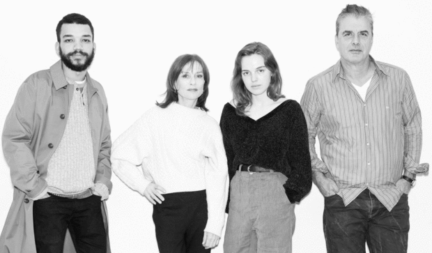 The cast of The Mother: Justice Smith, Isabelle Huppert, Odessa Young, and Chris Noth.