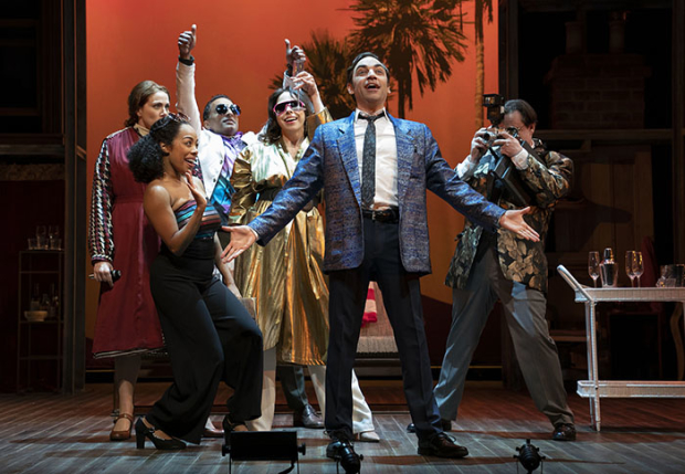 Ben Steinfeld (center) and the cast of Fiasco Theater&#39;s Merrily We Roll Along at Roundabout&#39;s Laura Pels Theatre.