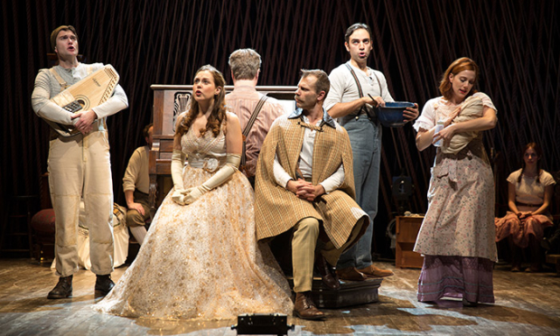 Noah Brody, Ben Steinfeld, and Jessie Austrain (three at right) in the 2014 Roundabout mounting of Fiasco&#39;s Into the Woods.