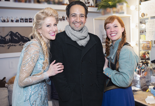 Lin-Manuel backstage at Frozen with leading ladies Caissie Levy and Patti Murin.