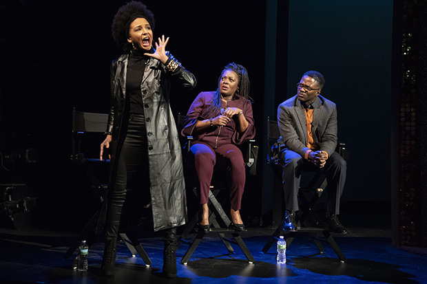 Carra Patterson plays Afua Assata Ejobo, Heather Alicia Simms plays Carmen Levy-Green, and Warner Miller plays Herb Forrester in the second act of By the Way, Meet Vera Stark.