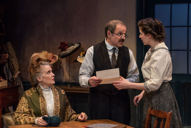 Tracy Sallows, Donald Corren, and Emma Geer in a scene from Elizabeth Baker&#39;s The Price of Thomas Scott, directed by Jonathan Bank, at Theatre Row.