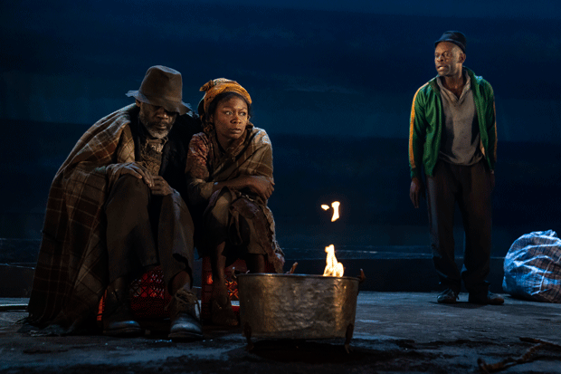 Thomas Silcott as Old African, Zainab Jah as Lena, and Sahr Ngaujah as Boesman in Athol Fugard&#39;s Boesman and Lena, directed by Yaël Farber, at Signature Theatre.