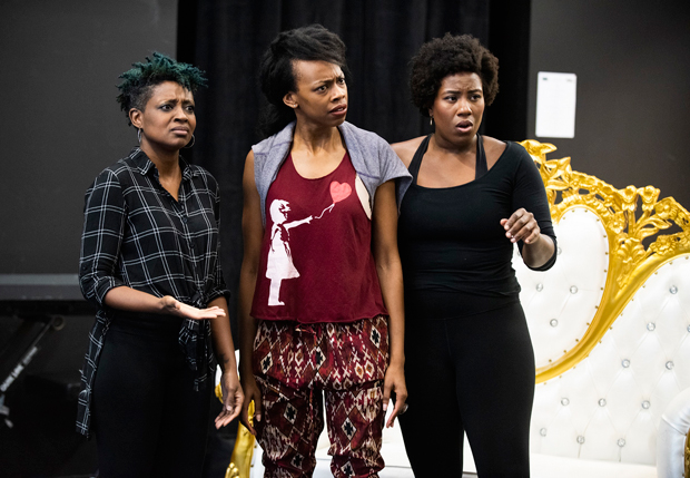 Ebony Marshall-Oliver, Fedna Jacquet, and Crystal Lucas-Perry in rehearsal for Ain&#39;t No Mo&#39; .