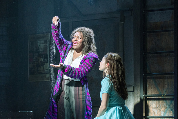 Nkeki Obi-Melekwe as the Cheshire Cat with Molly Gordon as Alice in Alice by Heart, directed by Jessie Nelson, making its world premiere with MCC Theater.