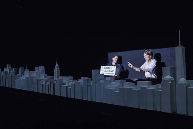 Miles G. Jackson (White Husband) and Jiehae Park (Ha Young) share the stage at the Loeb Drama Center.