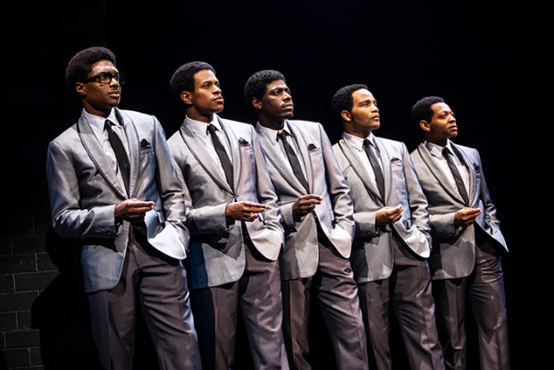 Ephraim Sykes, Jeremy Pope, Jawan M. Jackson, James Harkness, and Derrick Baskin as The Temptations in Ain&#39;t Too Proud, beginning Broadway performances tonight.