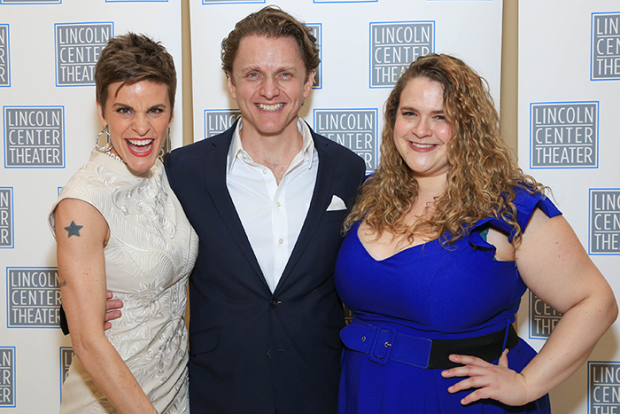 Knights of the Round Table Jenn Colella, Bonnie Milligan, and Jason Danieley gather for a photo.