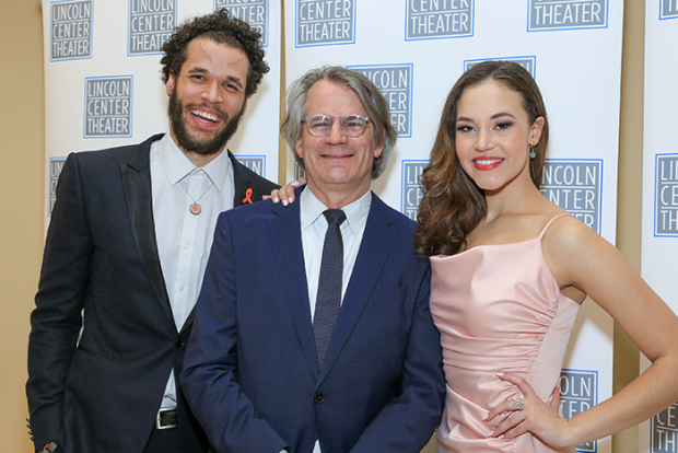 Director Bartlett Sher (center) poses with Jordan Donica (Sir Lancelot) and Solea Pfeiffer (Guenevere).