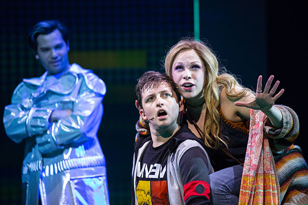 Jason Tam plays the Squip, Will Roland plays Jeremy, and Lauren Marcus plays Brooke in Be More Chill.