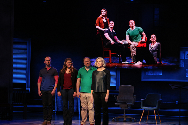 [title of show] stars Jeff Bowen, Heidi Blickenstaff, Hunter Bell, and Susan Blackwell on stage alongside an original production photo from the musical.