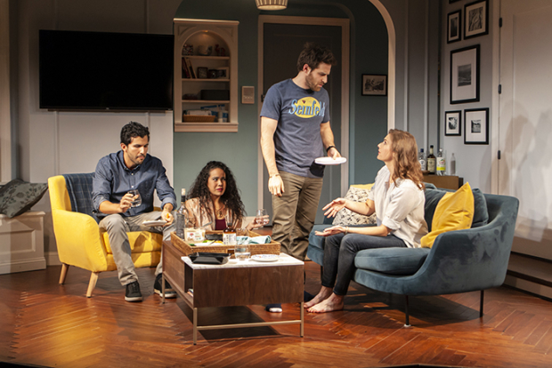 Gabriel Sloyer, Keren Lugo, Ben Rappaport and Mairin Lee in a scene from Actually We&#39;re F**ked at the Cherry Lane Theatre.