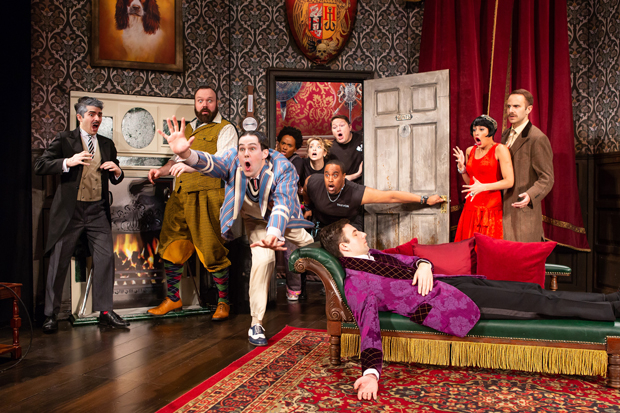 The cast of the off-Broadway transfer of The Play That Goes Wrong, now running at New World Stages.