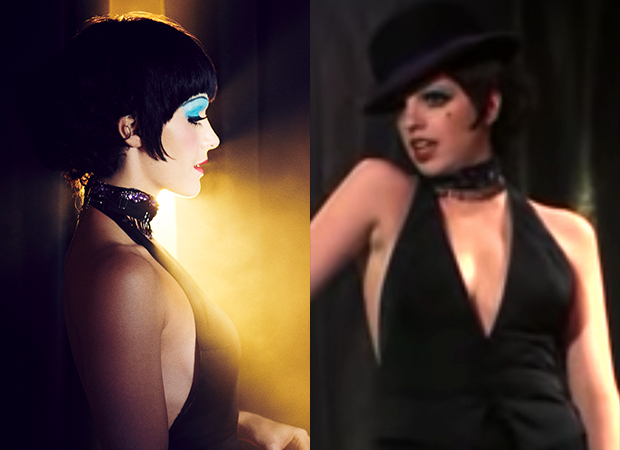 Kelli Barrett as Liza Minnelli in Fosse/Verdon (left); Liza Minnelli in the 1972 film Cabaret (right)