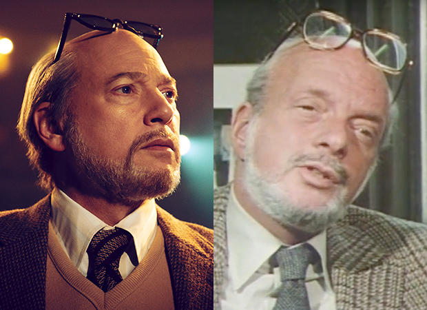 Evan Handler as Harold Prince in Fosse/Verdon (left); Harold Prince during a 1980 television interview (right).