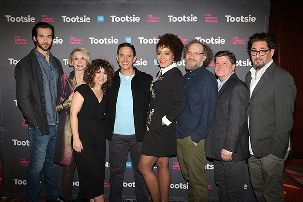 The stars of Tootsie: John Behlmann, Julie Halston, Sarah Stiles, Santino Fontana, Lilli Cooper, Andy Grotelueschen, Michael McGrath, and Reg Rogers.