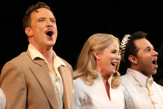 Will Chase, Kelli O&#39;Hara, and Corbin Bleu during the Kiss Me, Kate curtain call.