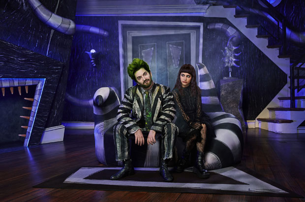 Alex Brightman and Sophia Anne Caruso as Beetlejuice and Lydia in a promotional image from Beetlejuice.
