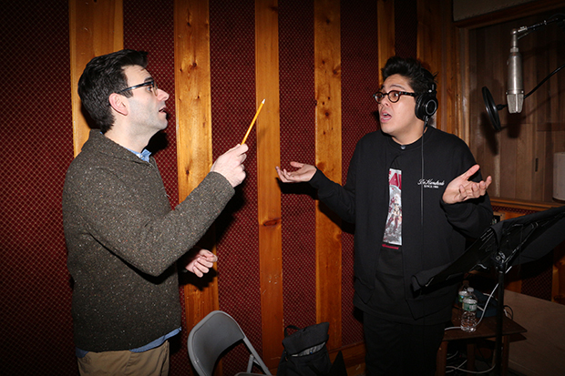 Joe Iconis gives notes to George Salazar as they record the Broadway cast album of Be More Chill.