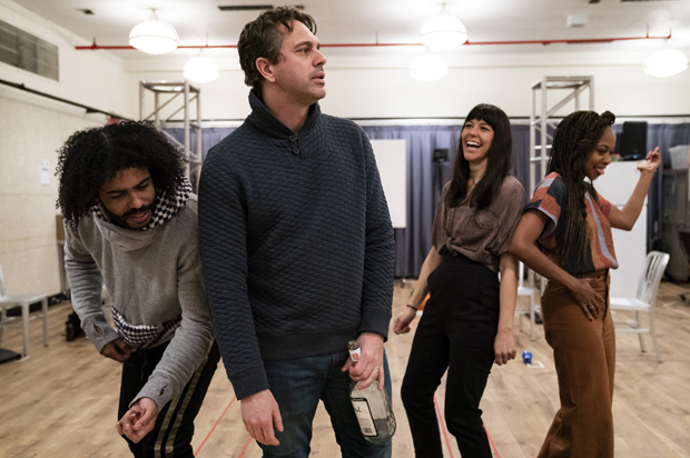 Daveed Diggs, Thomas Sadoski, Zoë Winters, and Sheria Irving in rehearsal for White Noise.