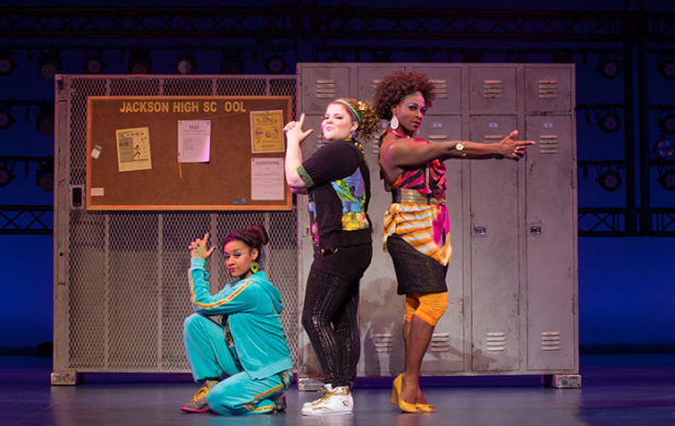 Ryann Redmond (center) in her Broadway debut as Bridget in Bring It On The Musical, alongside Ariana DeBose and Gregory Haney.