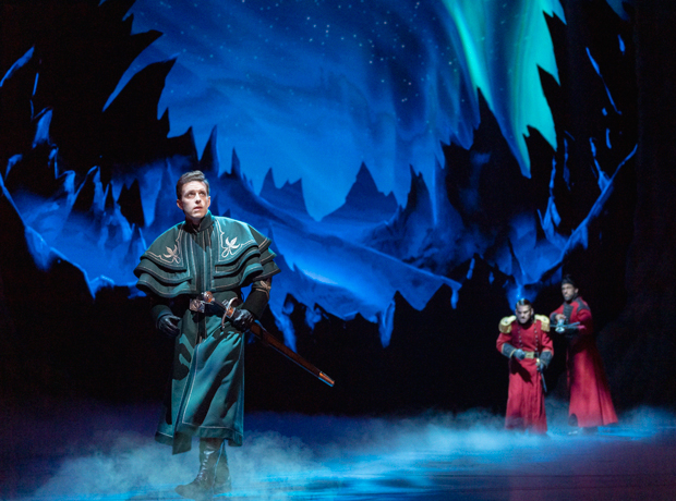 Joe Carroll, foreground, stars as Hans in Frozen on Broadway.