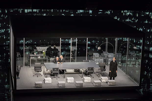 Ben Miles, Simon Russell Beale, and Adam Godley appear on Es Devlin&#39;s set for The Lehman Trilogy.