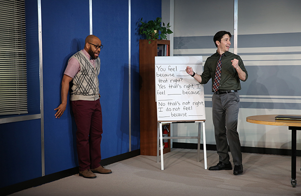 Ugo Chukwu and Justin Long on stage at the Vineyard Theatre.