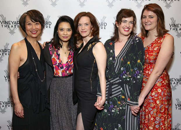 Jeanne Sakata, Tiffany Villarin, director Margot Bordelon, Megan Hill, and Jeanne Sakata pose for a photo on opening night.