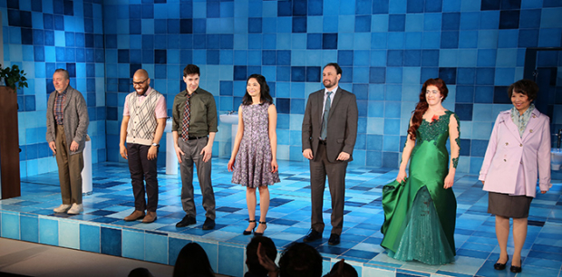 The cast of Do You Feel Anger? takes a company bow on opening night at the Vineyard Theatre.