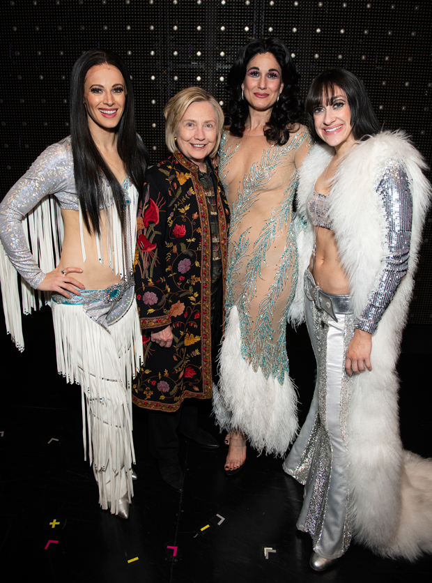 Hillary Clinton meets with Teal Wicks, Stephanie J. Block, and Micaela Diamond after the Wednesday, April 3, evening performance of The Cher Show.