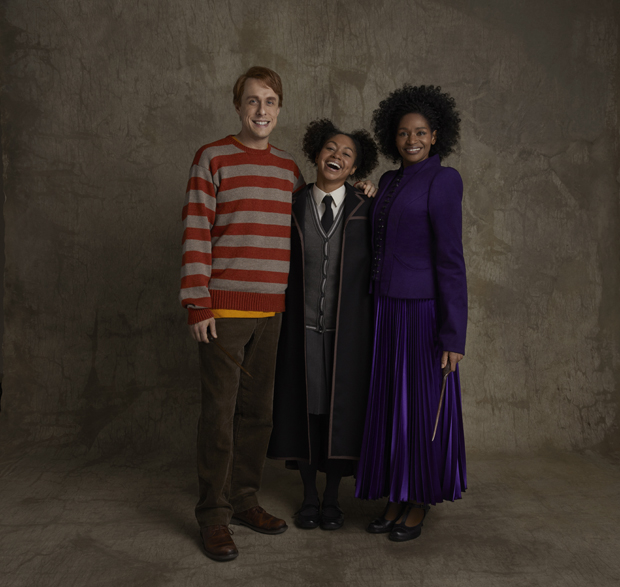 Matt Mueller as Ron Weasley, Nadia Brown as Rose Granger Weasley, and Jenny Jules as Hermione Granger