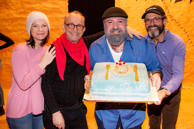 Jennifer Babiak, Joel Grey, Adam B. Shaprio, and Steven Skybell celebrate Grey&#39;s birthday on the stage of Yiddish Fiddler.